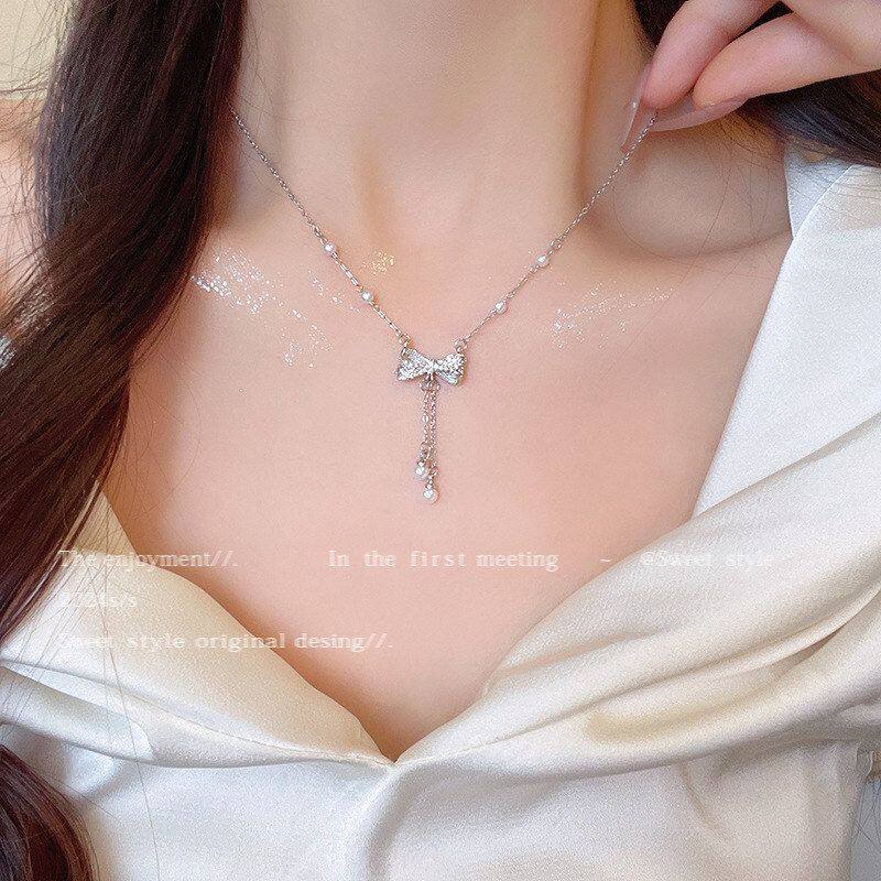 锆长款网红流苏吊坠蝴蝶结韩系项链精致链颈链女闪珍珠高级感锁骨