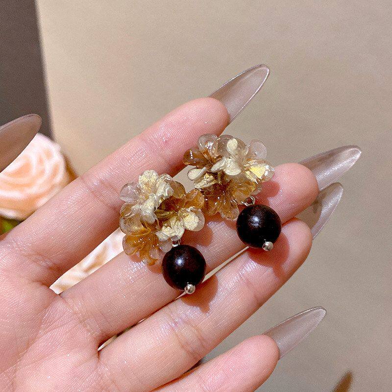 晕染饰品复古独特设计耳坠高级感耳环美拉德花朵木质女耳流苏秋冬