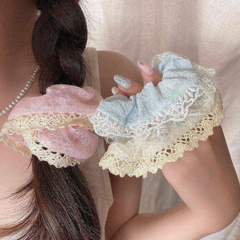 丸子头高级感甜美洋气时尚清新粉发饰马尾发圈大肠扎发绳蕾丝皮筋