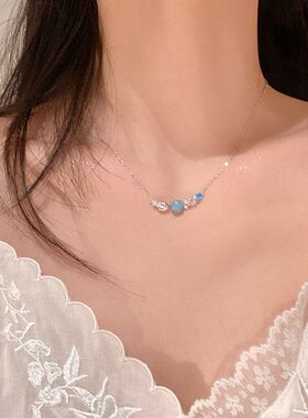 海洋颈联高级红首饰品蓝色设计感项链钢链网女轻钛锁骨锆石奢小众