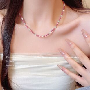 珍珠香风锁骨气质饰品法式链颈粉红色链配串珠女项链高级感小百搭