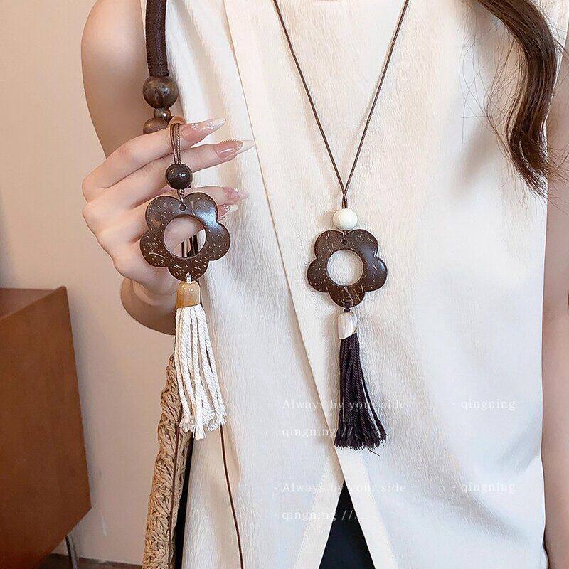 轻奢木质配饰复古颈链流苏长款毛衣链花朵项链高级感新中式民族风