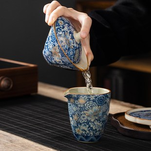 陶瓷汝窑金万花斗笠三才盖碗茶杯家用高档泡茶碗大号不烫手茶具