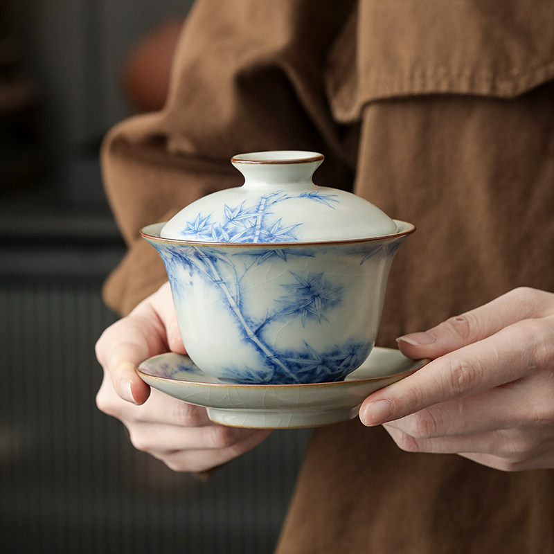 青花盖碗茶杯单个高档三才防烫大号家用汝窑泡茶功夫茶具茶碗带盖