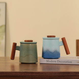 山行纯手工陶瓷马克杯办公室茶水分离快速泡茶杯复古办公杯带杯盖