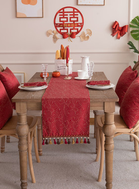 新年喜庆红色桌旗 流苏床尾旗斗柜电视柜盖巾 结婚 婚房装饰代发