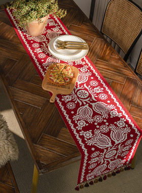 现代简约涤纶提花几何红色喜庆新年流苏桌旗茶几布餐边柜斗柜盖巾