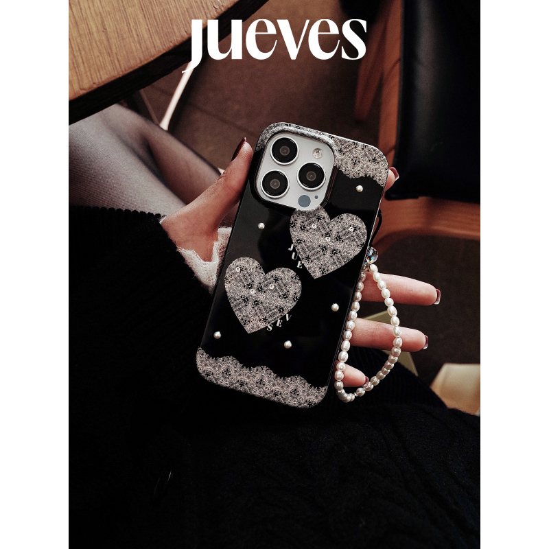 JUEVES星期四复古蕾丝爱心珍珠壳iphone14pm手机壳苹果15promax原创15pro硅胶14Pro全包软壳1
