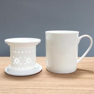 白瓷内胆茶隔杯子带盖办公室家用三件套 陶瓷过滤茶杯茶水分离中式