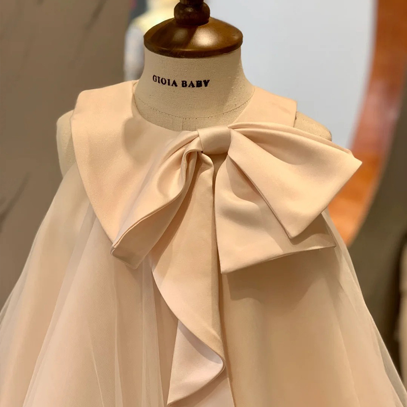 高端定制女童秋季新m款蝴蝶结连衣裙女宝宝周岁生日礼服裙子公主
