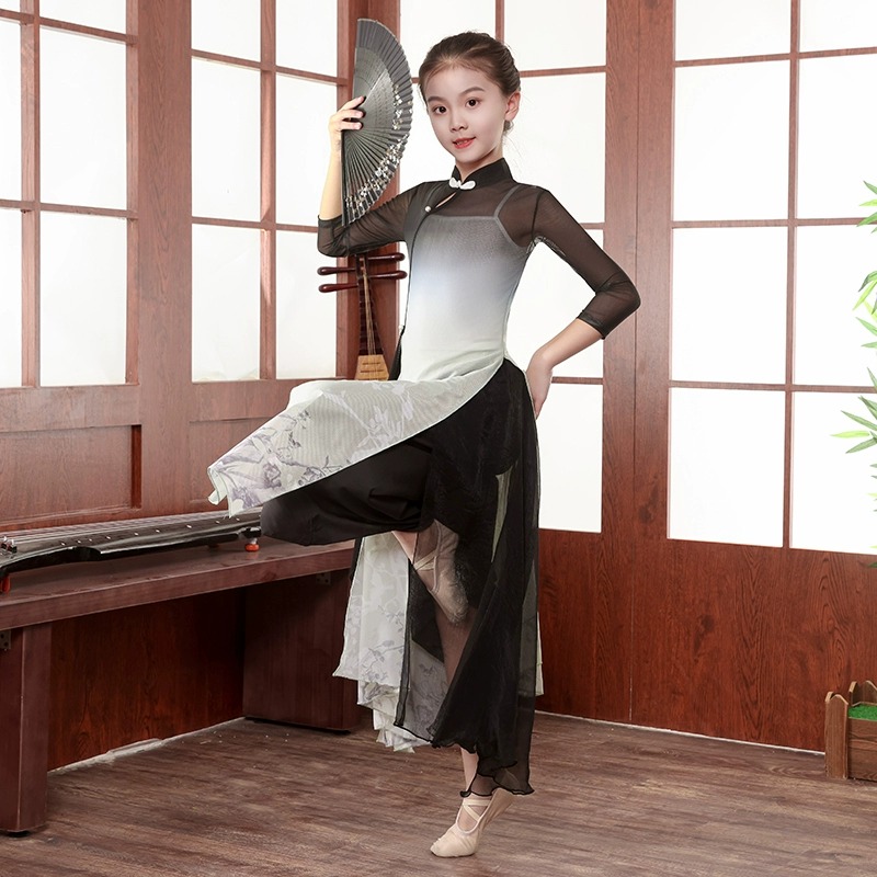 儿童古典舞e表演出服飘逸民族扇子舞练功服女童水墨风格旗袍舞蹈