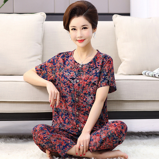 九分裤 中老年妈妈B纯棉开衫 可外穿家居服套 绵绸薄款 睡衣女夏短袖