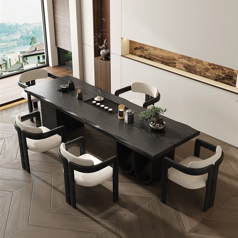 2025新款高端实木茶桌椅组合创意黑G色茶台带烧水壶茶盘一体嵌入