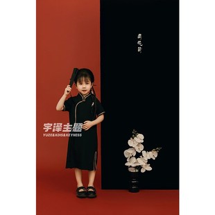 儿童摄影a服装女童黑色旗袍新中式中国风证件照影楼拍照女孩演出
