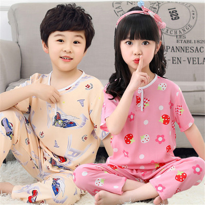 夏季儿童睡衣绵绸短袖长裤t套装男童女童小孩子宝宝棉绸空调家居