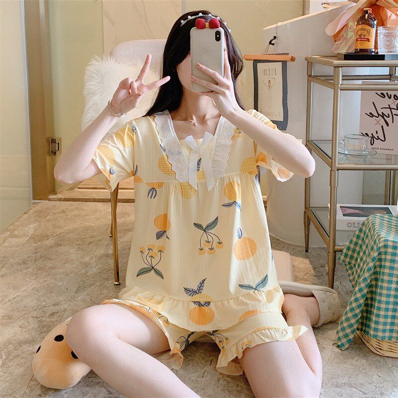 公主风睡衣女夏季短袖可爱新款甜美女士夏天薄V款家居服两件套