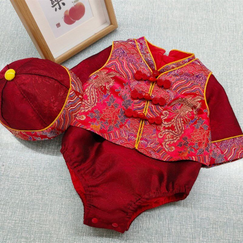 婴儿满月服百日i宴新中式包屁衣周岁礼服男宝宝抓周冠衣红色唐装