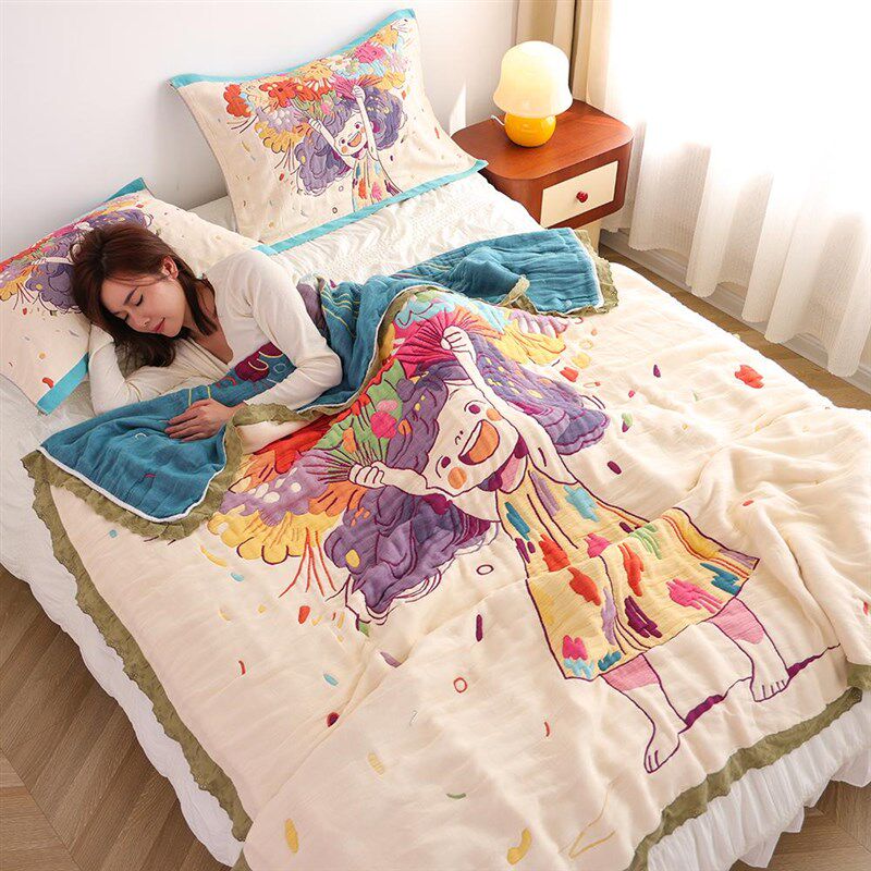 十层精梳棉泡芙被三件套四季通用C柔软亲肤卡通盖毯A类全棉毛巾被