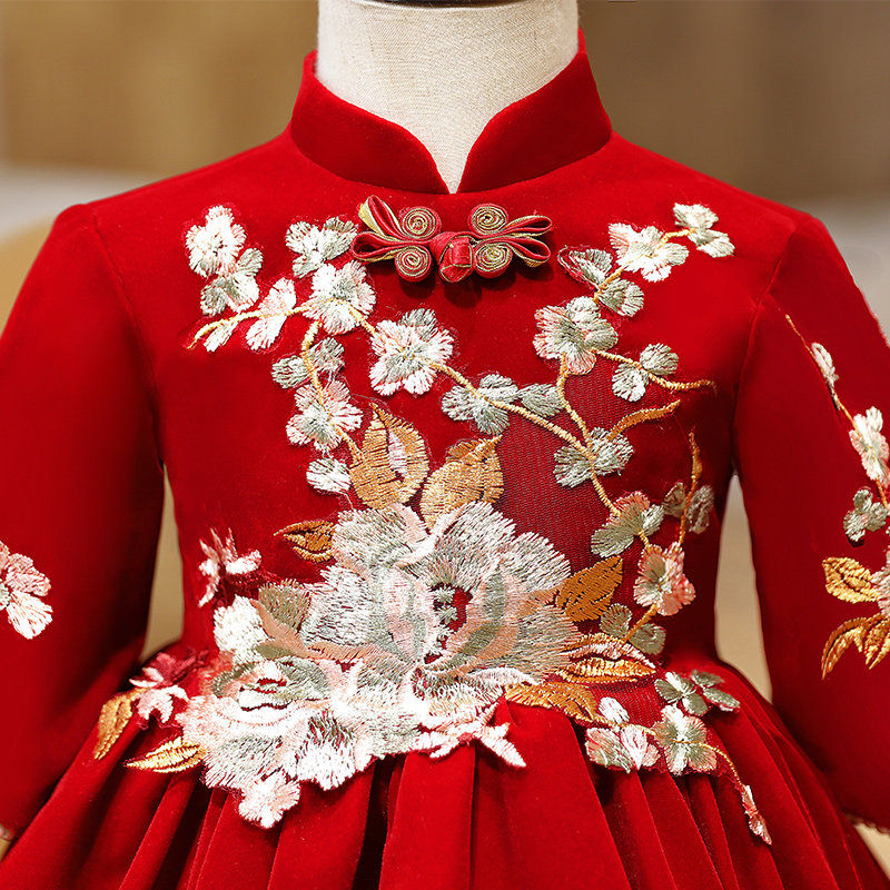 儿童一周岁礼服酒红色主持人花A童洋气高端宝宝唐装女童公主裙冬