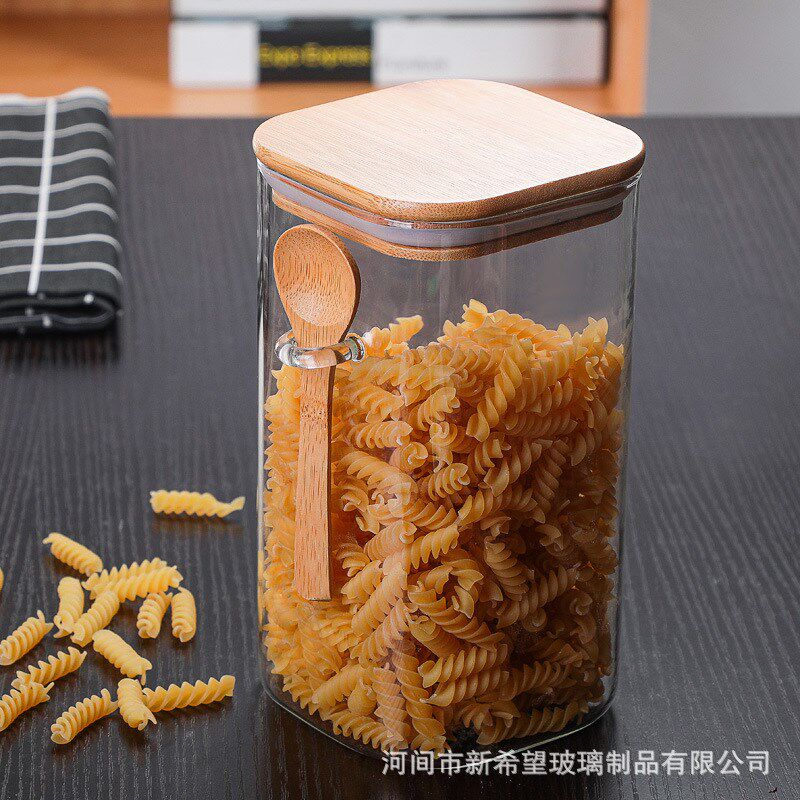 方形玻璃密封罐储物罐带盖带木勺调料收纳罐N咖啡豆储存罐厨房用