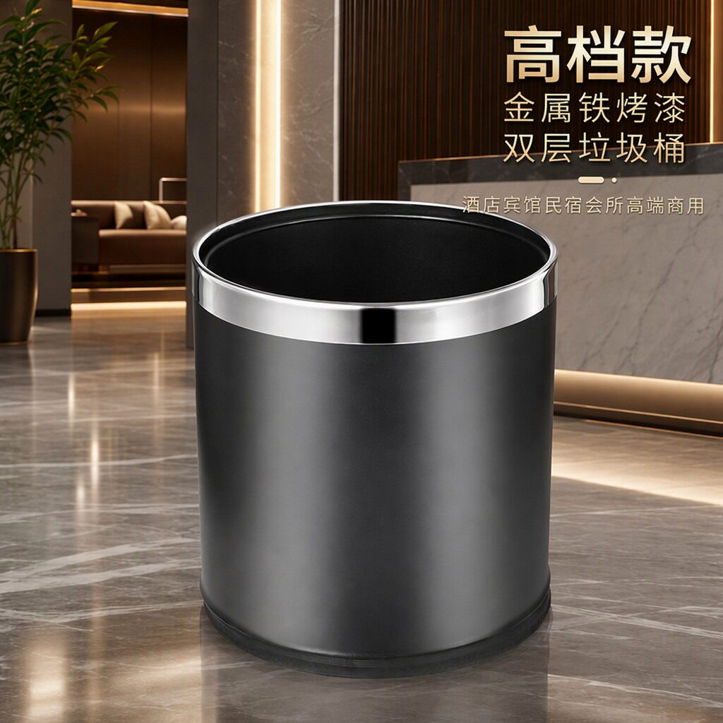 黑色金属垃圾桶商用双层垃圾桶无盖酒店防火阻燃不锈钢垃圾桶批发