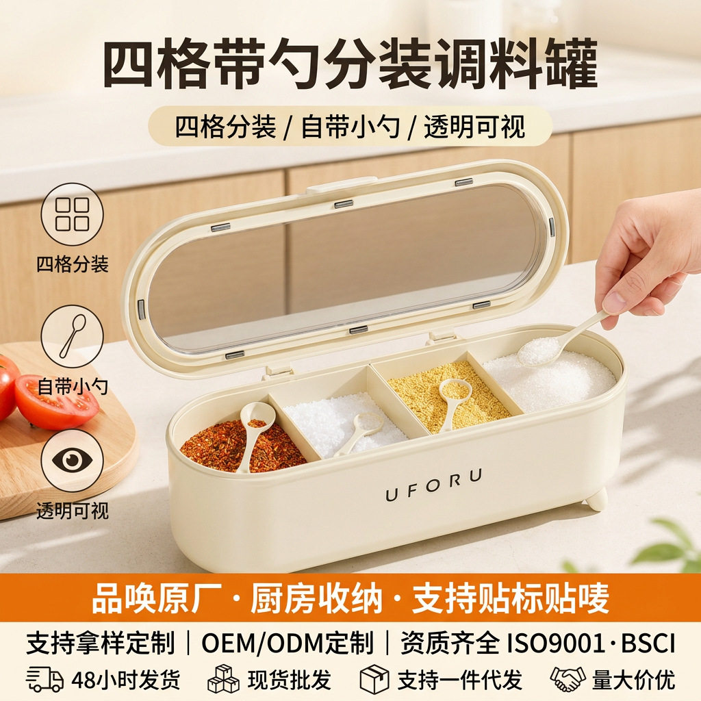 调料盒厨房家用一体多格调味盒带勺子食品级盐味精调料收纳盒防潮