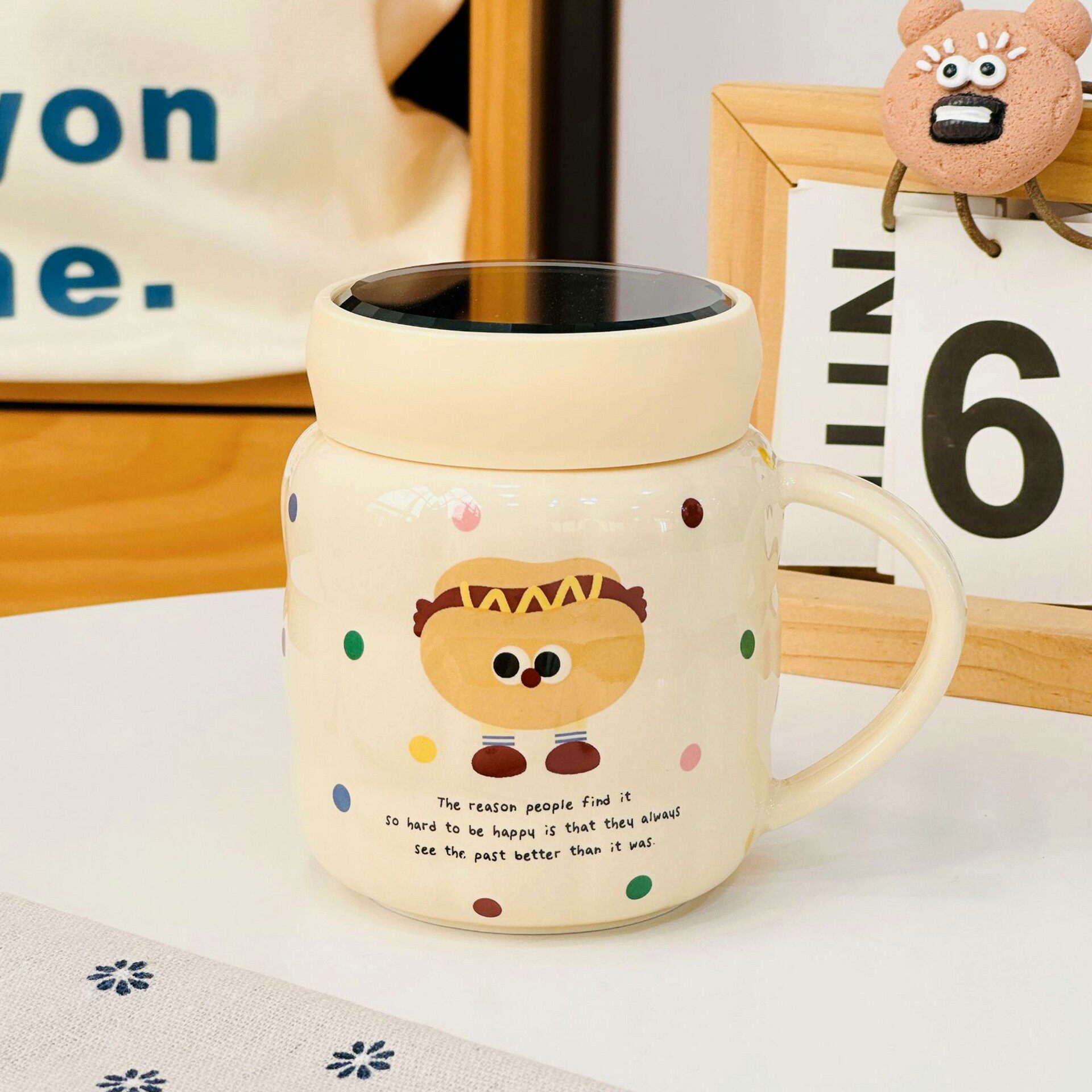 高颜值陶瓷杯伴手礼带盖马克杯小怪兽镜面杯水杯礼品防尘杯子卡通