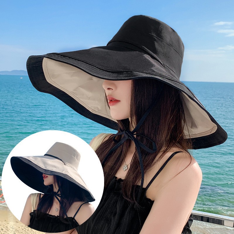帽子夏天女新款海边沙滩大帽檐防晒遮阳太阳帽双面戴大头围渔夫帽
