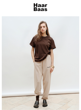 Haar Baas 热软糖色袖口字母印花抗皱液氮丝光棉圆领短袖宽松T恤