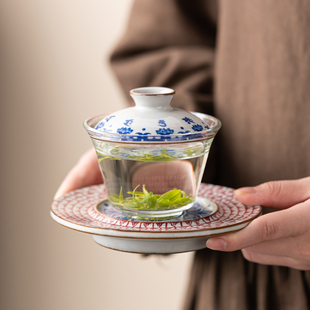 敦煌千佛玻璃悬停盖碗新中式壶盛高档陶瓷三才盖碗耐高温功夫茶具