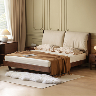 晨物北美黑胡桃木全实木软包床1米8双人床1米5床架大床中古风家具