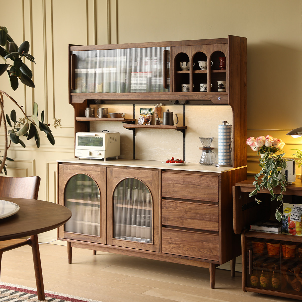 北美黑胡桃木餐边柜客厅靠墙一体储物柜高级感复古实木酒柜小户型,住宅家具,餐边柜,淘宝优惠券,粉丝福利购,淘宝优惠卷