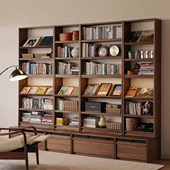 北美黑胡桃木客厅一体靠墙落地书柜纯实木储物柜一体卡座组合书架