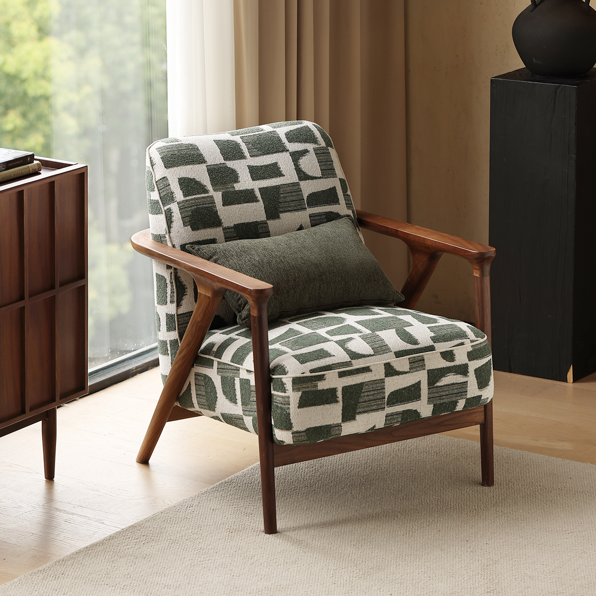 北美黑胡桃木布艺单人沙发椅家用阳台客厅懒人椅卧室休闲椅单人椅