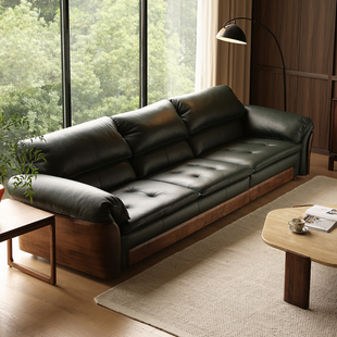 晨物家居北美黑胡桃木真皮沙发客厅家用三人位直排现代中古风家具