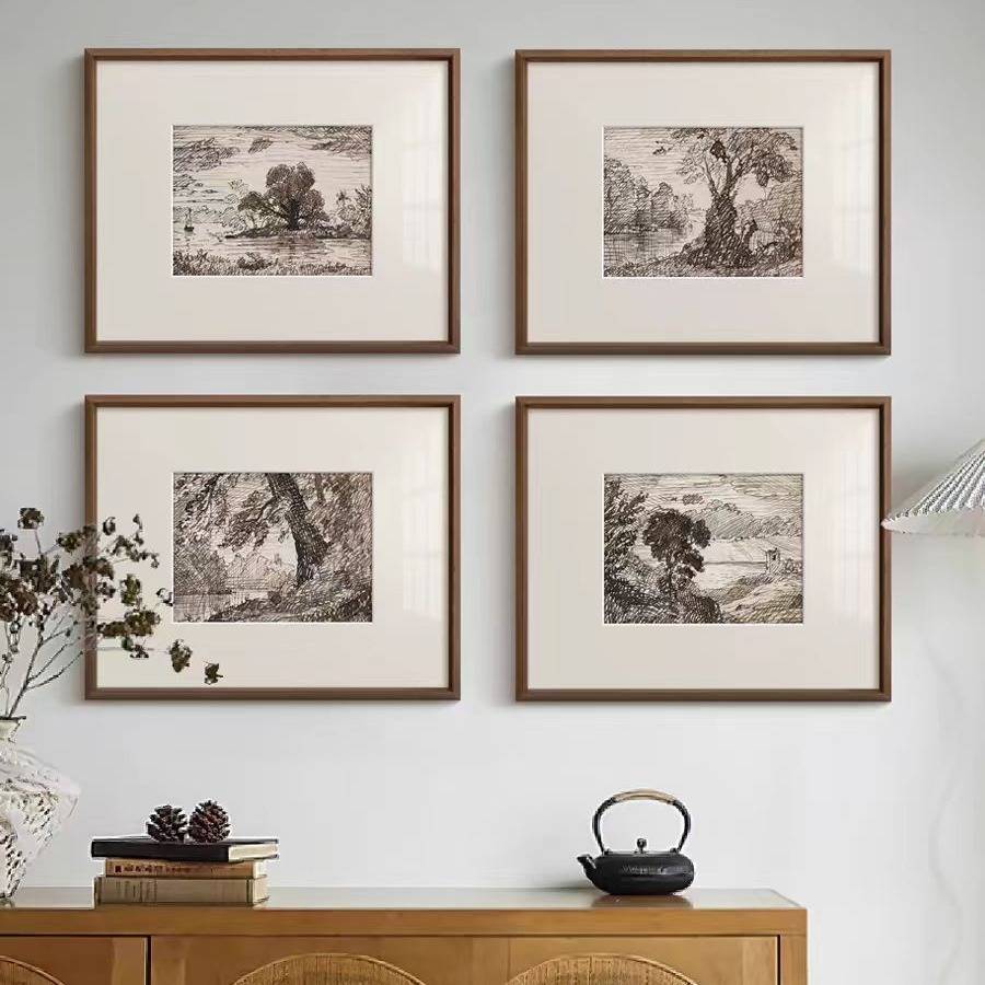 树》黑白素描装饰画法式复古中古风客厅壁画玄关走廊书房实木挂画图片