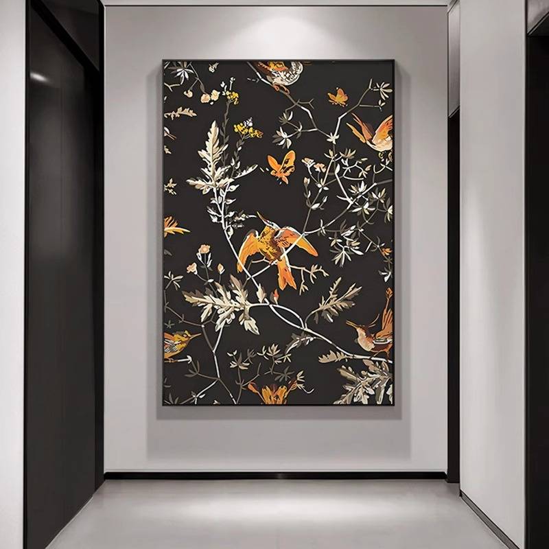 中古风玄关挂画复古花鸟入户正对门壁画新中式艺术走廊过道装饰画图片