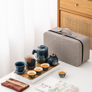 便捷包家用户外旅游简约功夫茶杯泡茶壶茶盘 千里江山旅行茶具套装