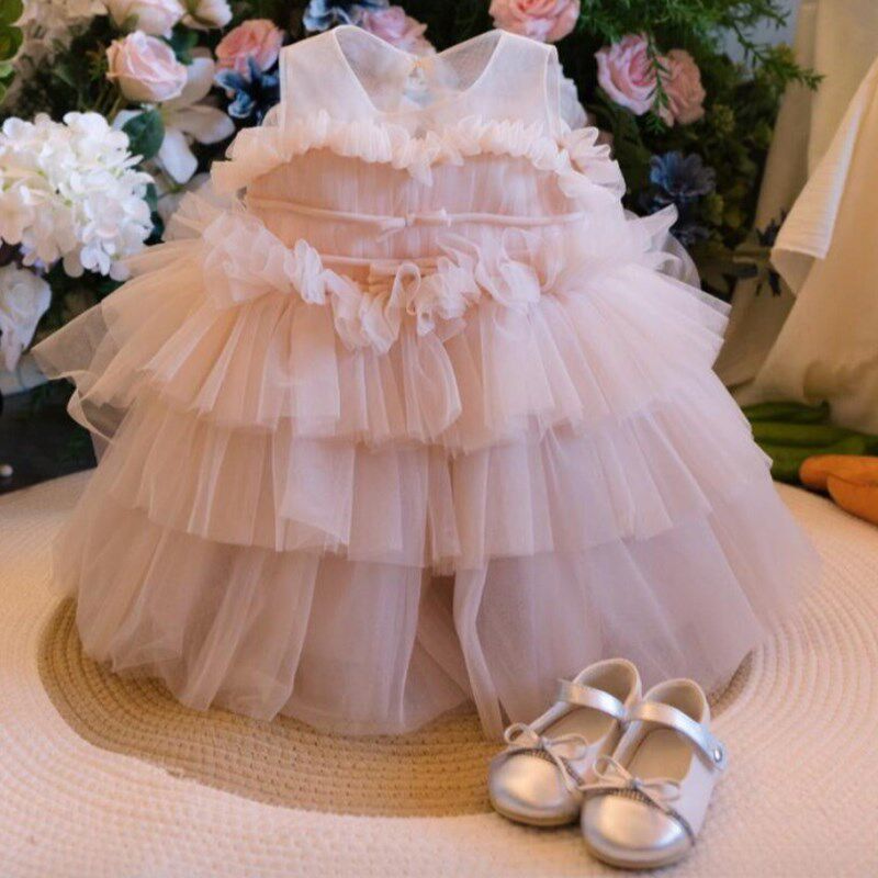 小花童礼服女婚礼缎面公s主蓬蓬裙宝宝一周岁生日女童轻奢儿童洋