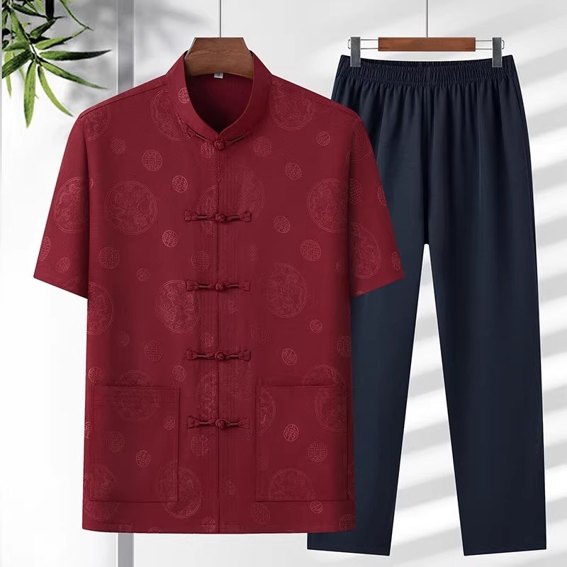 夏季唐装中国风短袖套o装爸爸太极爷爷汉服中老年男士晨练服两件