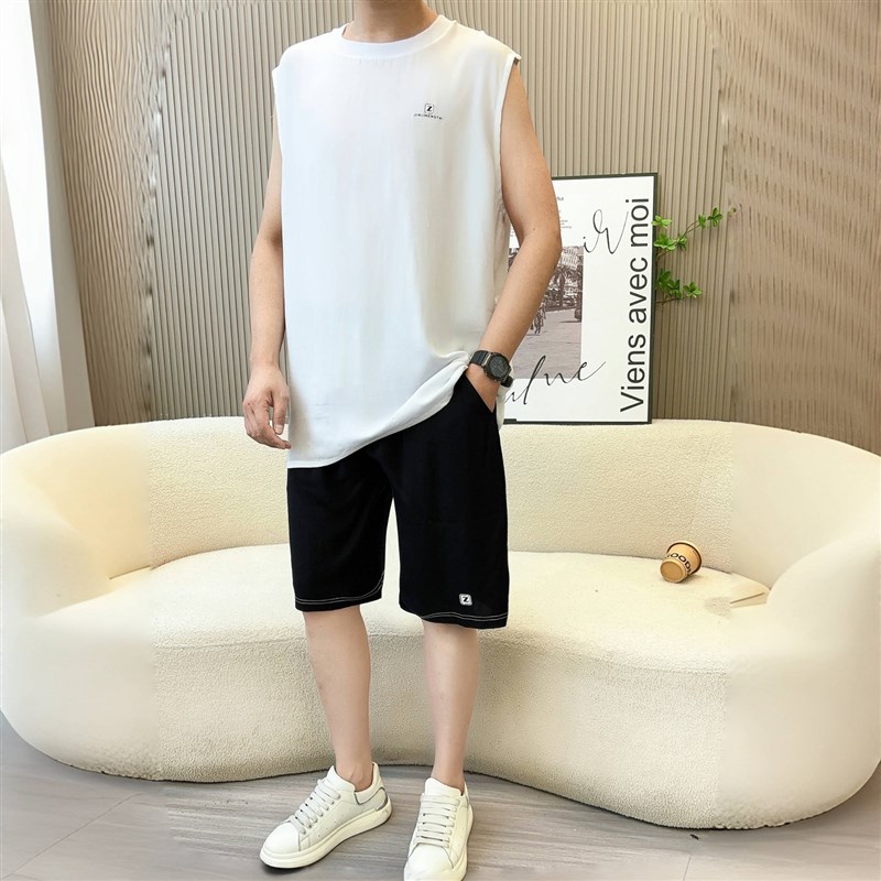 棉绸男士睡衣夏季背心短裤大码宽G松家居服青少年人造棉套装