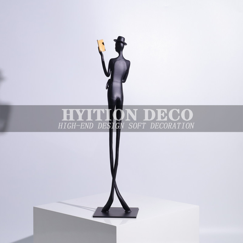 抽象人物看书长j腿雕塑摆件样板房酒店电视柜客厅玄关书房铁艺术