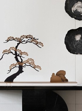 新中式假山建筑松树客厅茶室书房样D板房间酒柜博古架摆件高端大