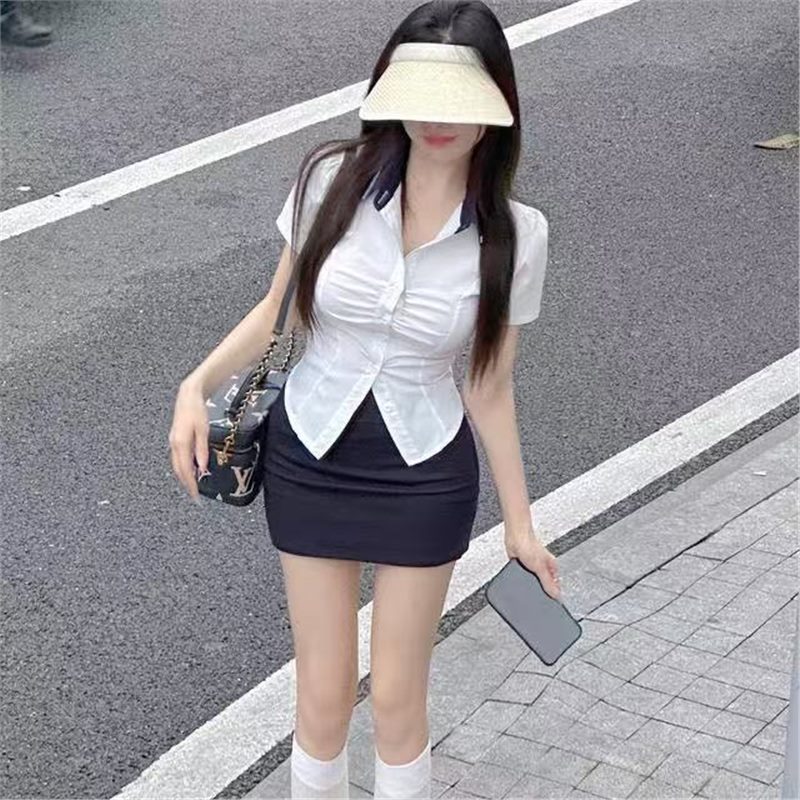 夏季女收腰白色衬衫包臀短裙套装