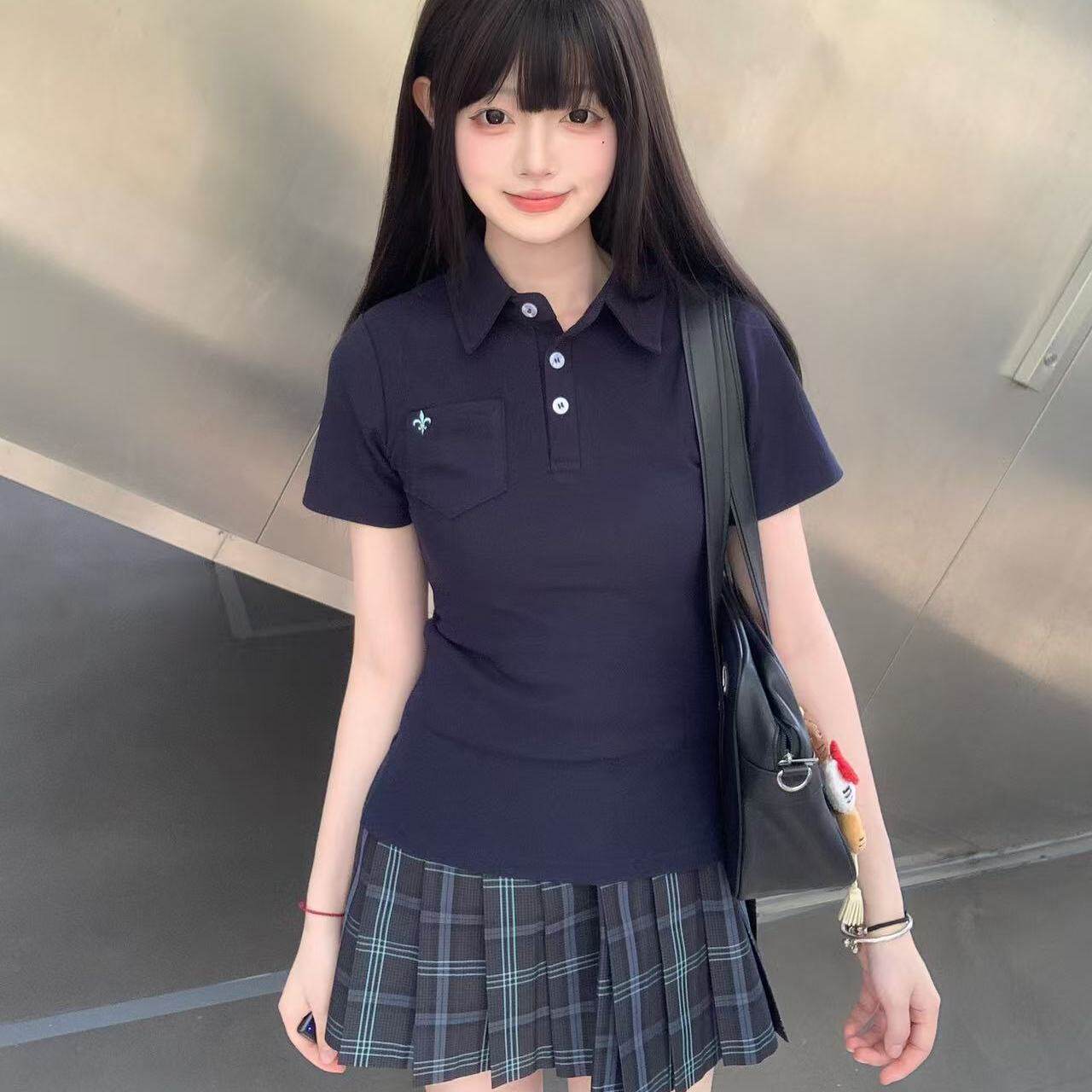 原创正版学院风制服夏季白色收腰Polo衫女百搭日系短袖