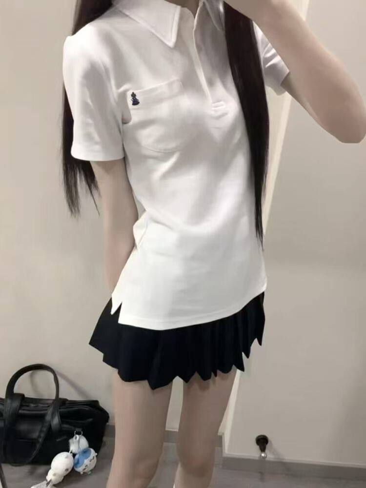 原创正版POLO衫修身显瘦学院风制服夏季白色收腰女百搭日系短袖