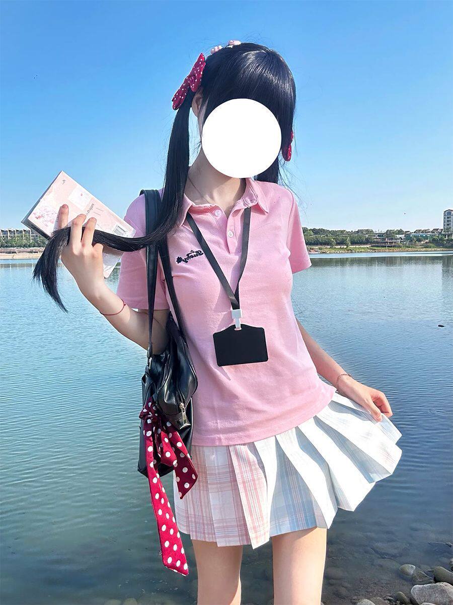 早晚JK原创正版粉色短袖polo衫女夏季学院风修身收腰显瘦上衣ins