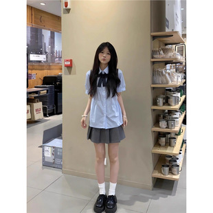 甜美夏季 短袖 2025新款 蓝色新款 设计娃娃百褶短裙学院 宽松套装 衬衫