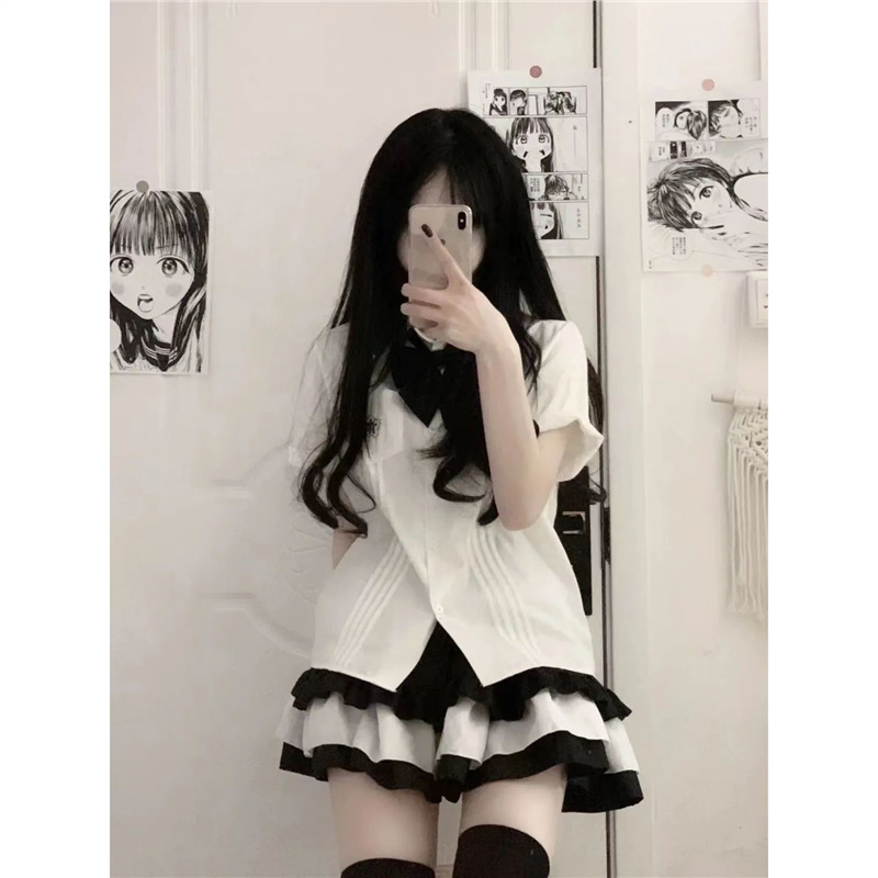 衬衣+显瘦半身裙两件套夏软妹短袖衬衫女夏季套装学生jk制服上衣