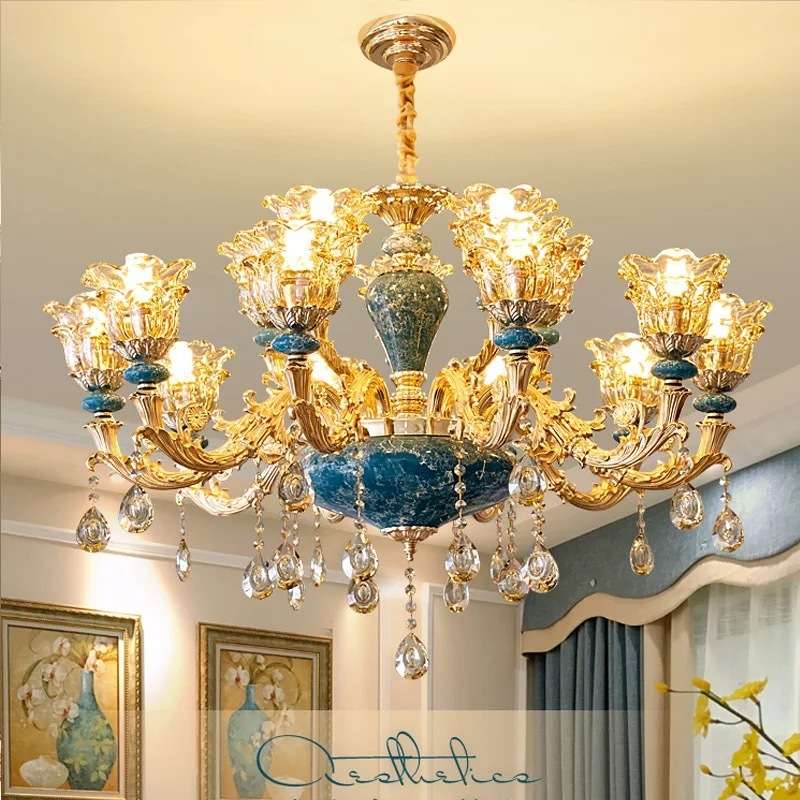 欧式陶瓷吊灯客厅灯现代简约大气家用网红蓝色吊灯卧室水晶灯